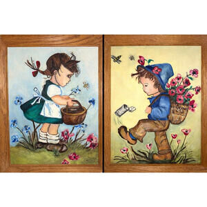 1973 VTG Pair of Hummel Boy Girl Oil Paintings  Signed  Wall Art